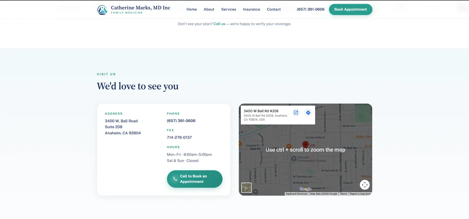 The “We’d love to see you” contact block: address, phone, fax and weekday hours in one column, an embedded map of the office location beside it.
