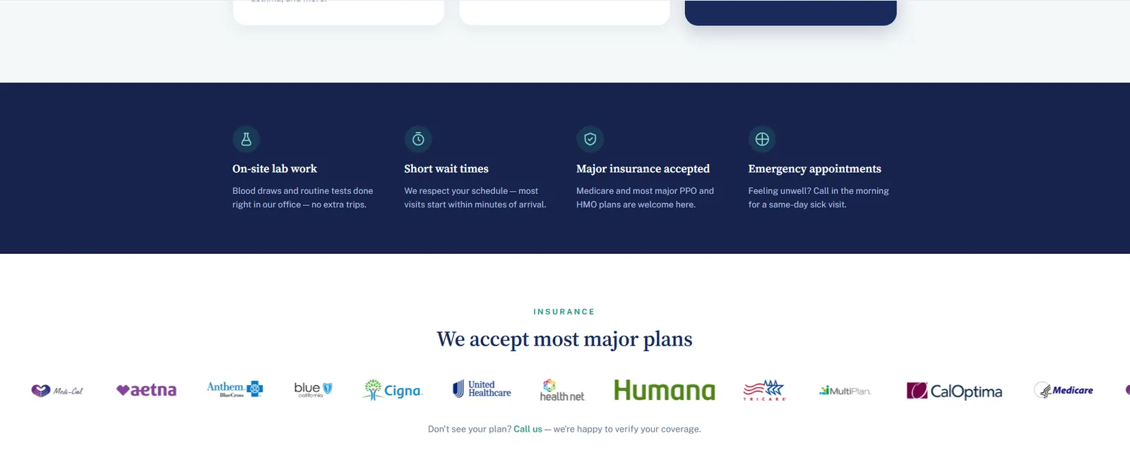 A band listing on-site lab work, short wait times, major insurance accepted and same-day sick visits, above a row of accepted insurer logos under the heading “We accept most major plans”.