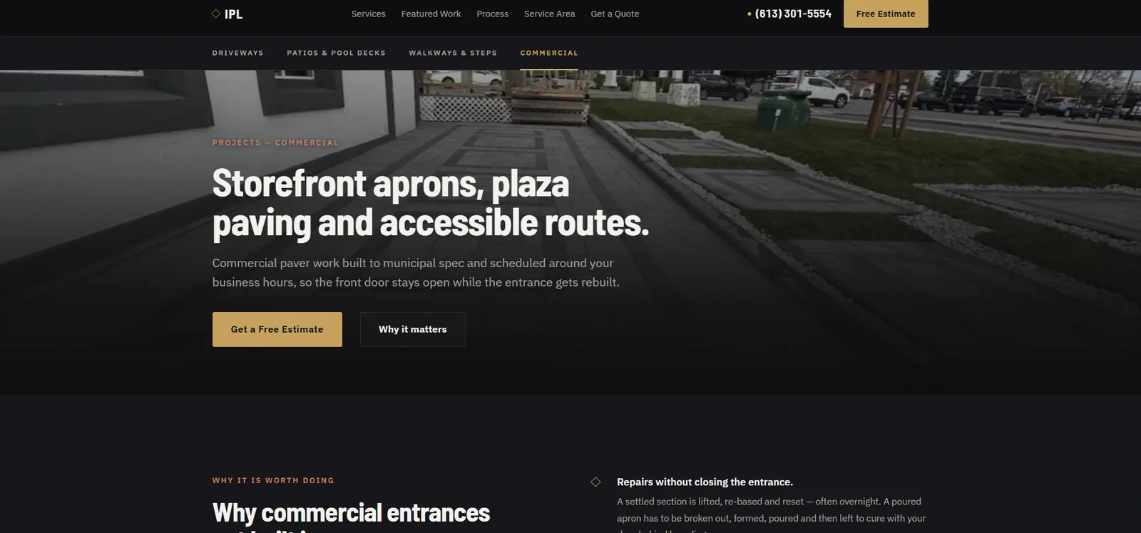 The commercial page, headlined “Storefront aprons, plaza paving and accessible routes”, opening a section on why commercial entrances get repaired without closing the entrance.