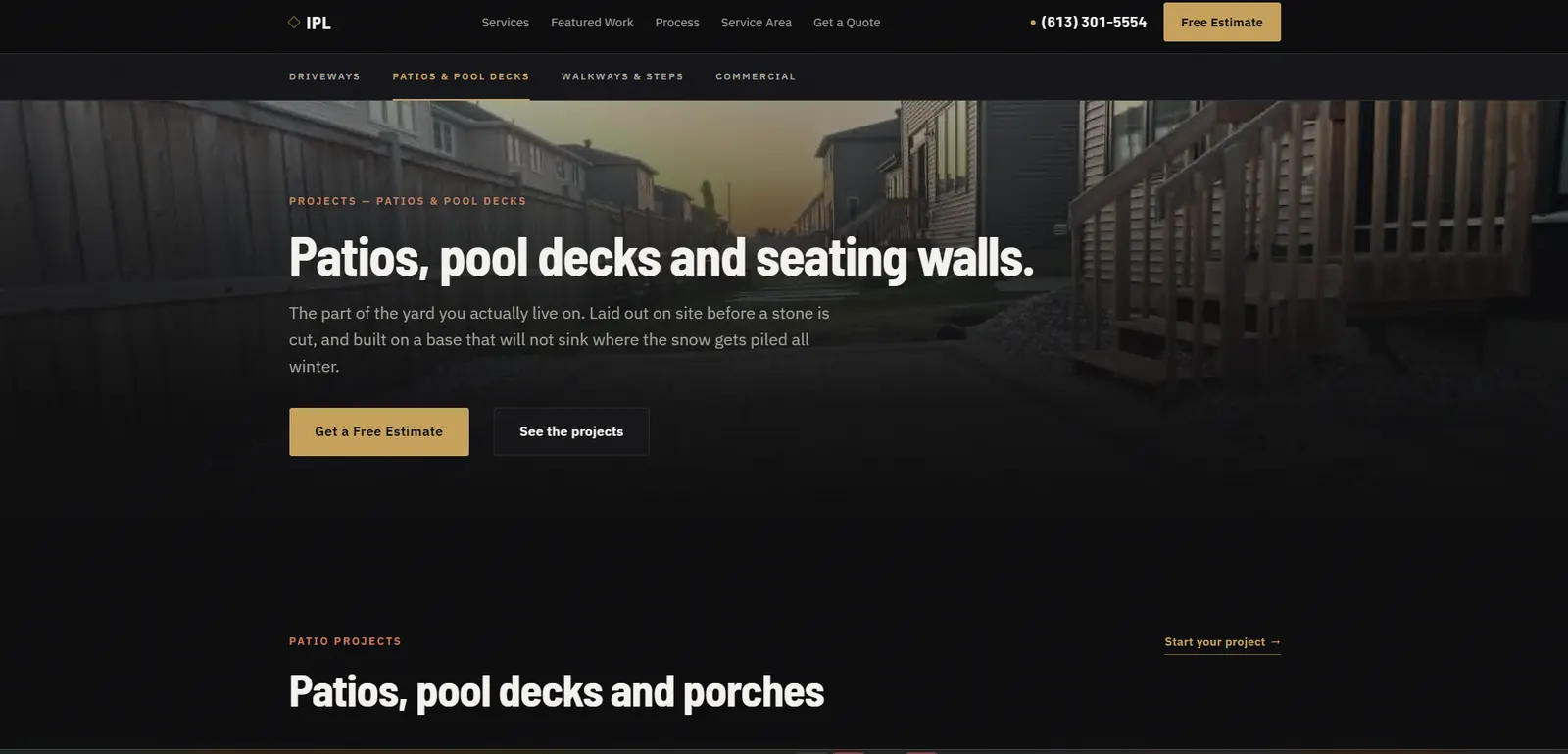 The patios and pool decks service page, headlined “Patios, pool decks and seating walls”, with a sub-navigation across driveways, patios, walkways and commercial work.
