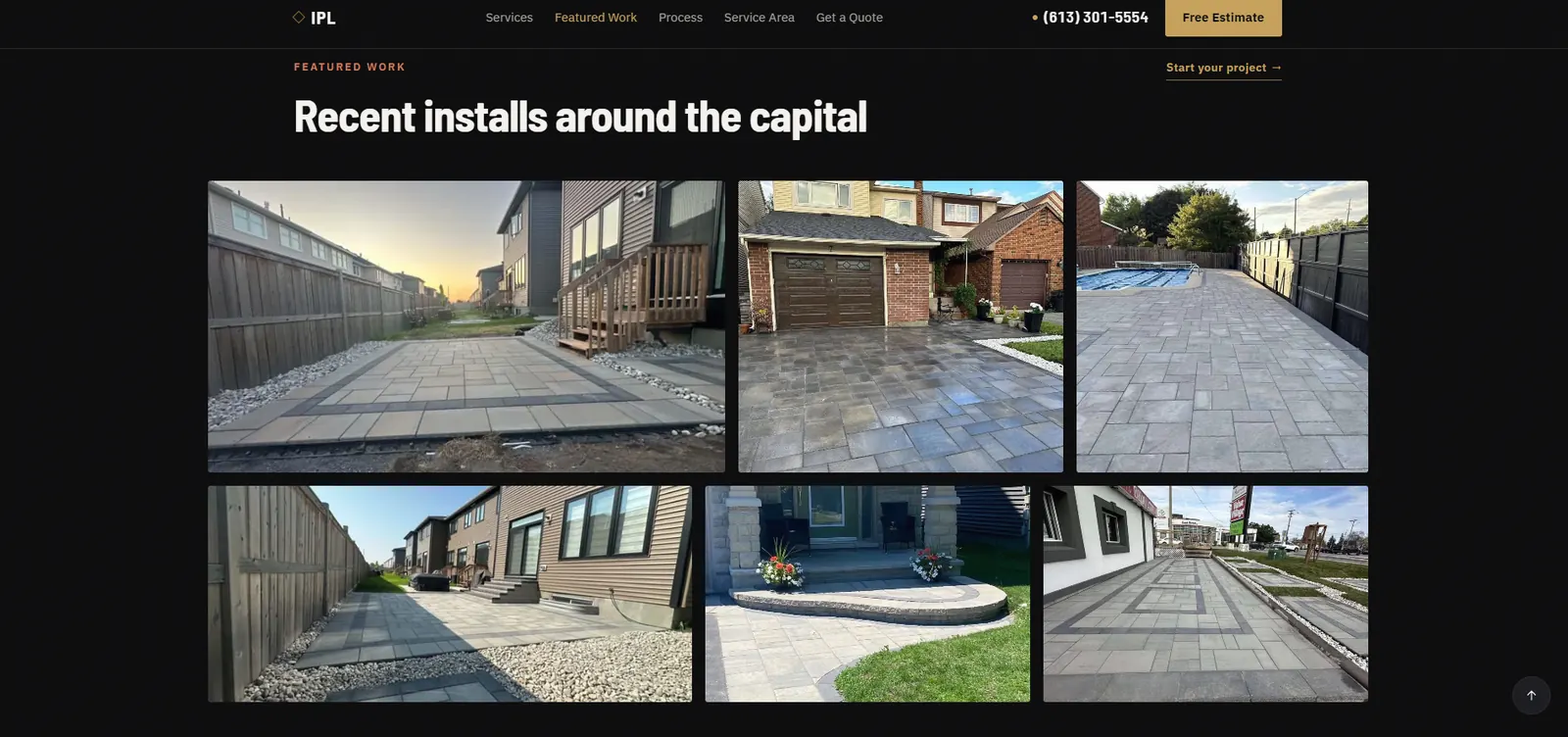 A six-photograph grid headed “Recent installs around the capital”, showing completed walkways, driveways and a pool deck in finished residential yards.