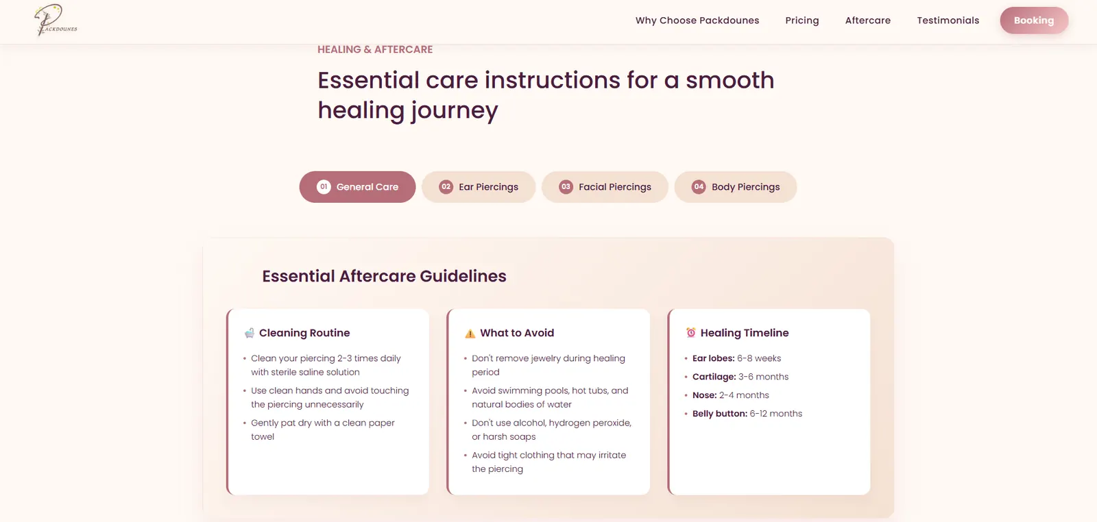 The aftercare section, tabbed by piercing type, with three cards: a cleaning routine, what to avoid while healing, and a healing timeline giving ranges for lobes, cartilage, nose and navel.
