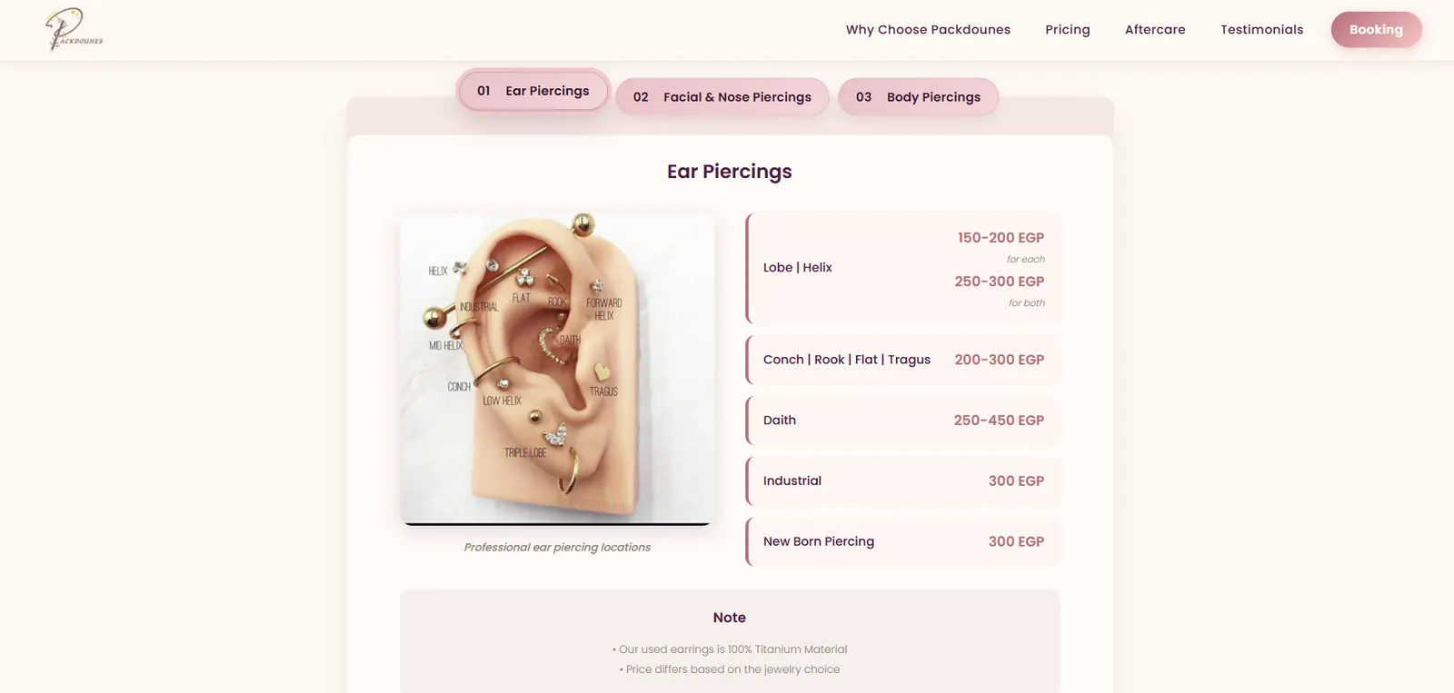 The ear piercing price list — lobe, helix, conch, rook, flat, tragus, daith, industrial and newborn — each with a published price range, beside a labelled diagram of ear piercing locations.